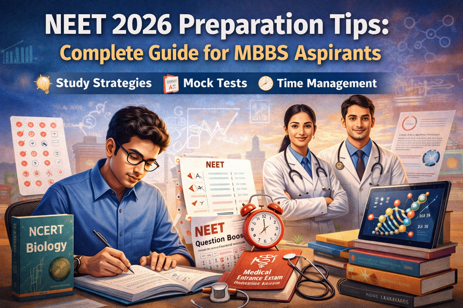 NEET 2026 preparation tips illustration showing an Indian medical aspirant studying with NCERT books, mock tests, time management, and MBBS career goals.