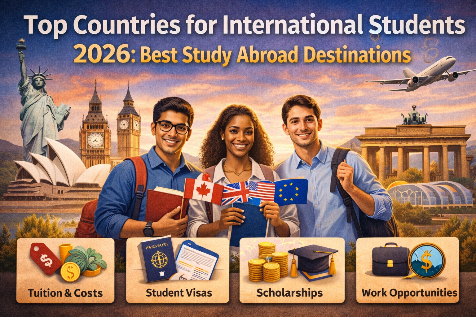 Top countries for international students 2026 illustration showing diverse students with global landmarks, highlighting tuition costs, student visas, scholarships, and work opportunities.