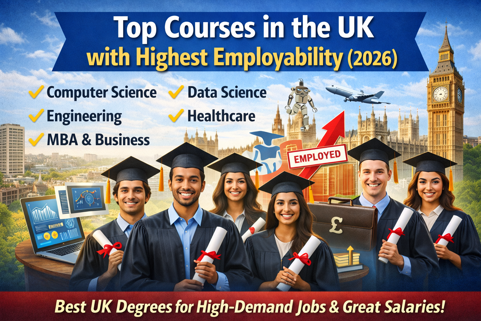 Graduates celebrating success highlighting top courses in the UK with highest employability 2026 including computer science, data science, engineering, MBA, and healthcare