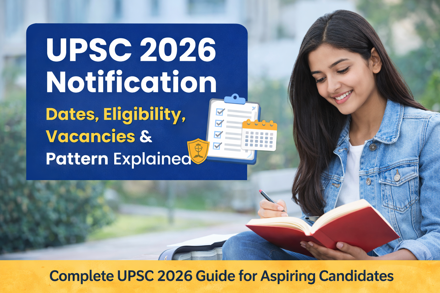 UPSC 2026 notification guide showing exam dates, eligibility criteria, vacancies, and exam pattern for civil services aspirants preparing for UPSC 2026.